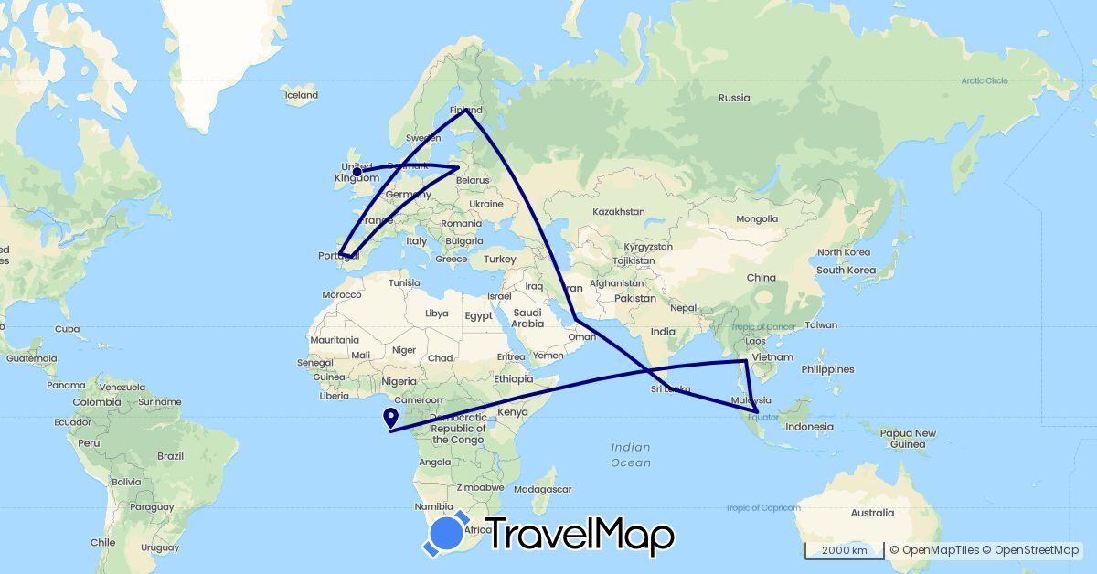 TravelMap itinerary: driving in United Arab Emirates, Spain, Finland, United Kingdom, Sri Lanka, Lithuania, Malaysia, Portugal, Saudi Arabia, Singapore, Thailand (Asia, Europe)